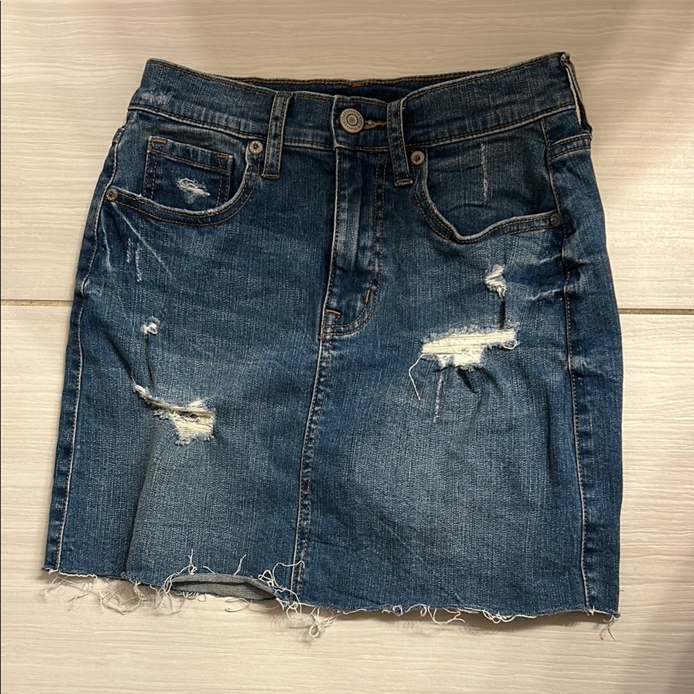 High Rise Distressed Denim Skirt